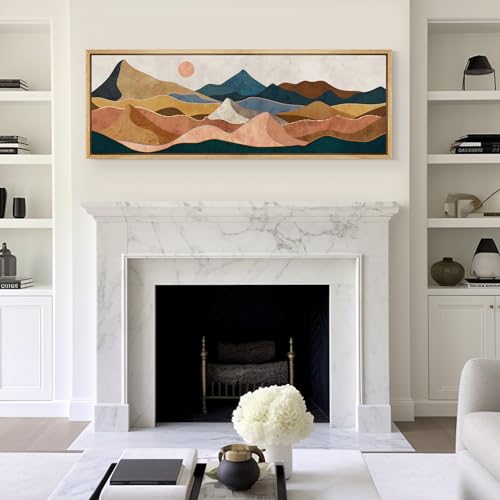 Large Framed Canvas Print Wall Art Desert Peaks Colorful Geometric Mountain Illustrations Antique Retro Fine Art Illustrations Decorative Colorful for Bedroom