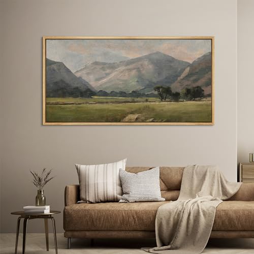 Extra Large Framed Canvas Print Wall Art Pastoral Beauty Classic Mountainous Landscape Illustrations Antique Retro Fine Art Illustrations Decorative Colorful for Bedroom