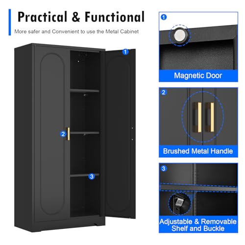 60" Black Metal Kitchen Pantry Storage Cabinet with Doors and Shelves