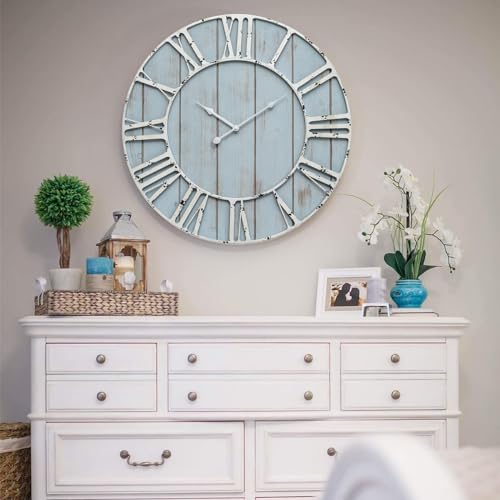 Large Farmhouse Wall Clock 24 Inch Vintage Blue Wooden Wall Clock with Quiet Ticking and Minimalist Roman Numerals for Bedroom Living Room Office Kitchen Home Decor