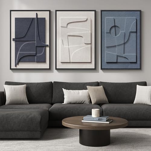 Large Framed Blue Abstract Wall Art for Living Room (3 Count)