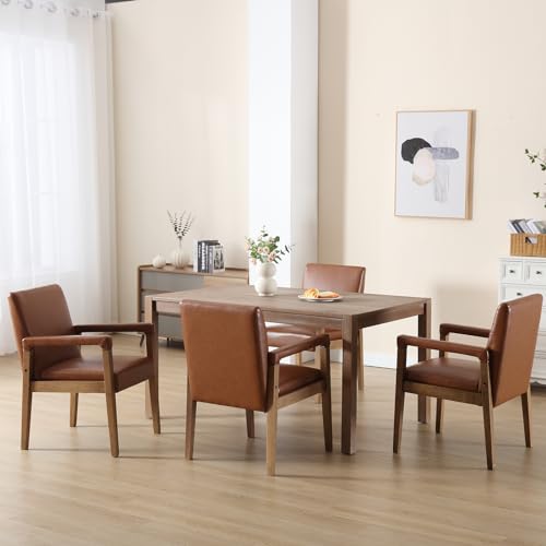 Modern Dining Chairs Set of 4 Faux Leather Kitchen Arm Chairs Upholstered Accent Chairs with Wooden Legs for Dining Room