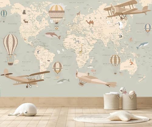 Vintage Animal Wallpaper Cartoon Aircraft Map wall murals for Kids Room 182"x120"