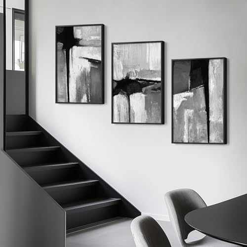 Large Framed Black and White Gray Abstract Wall Art Set (3 Count)