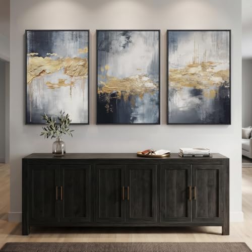 Large Framed Blue and Gold Abstract Wall Art for Living Room (3 Count)