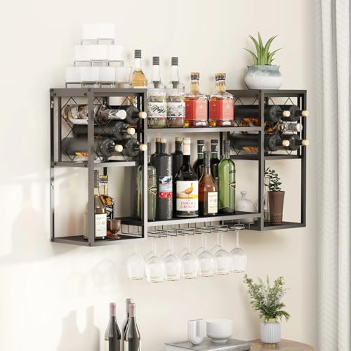 Wall Mounted Wine Rack with Glass Holder for Home Bar Storage