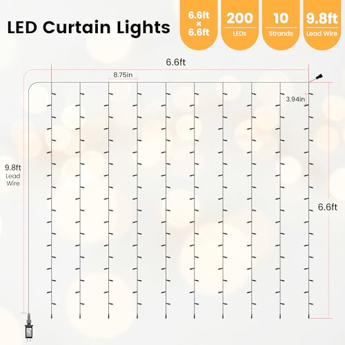 6.6FT x 6.6FT Warm White Curtain Lights Plug in