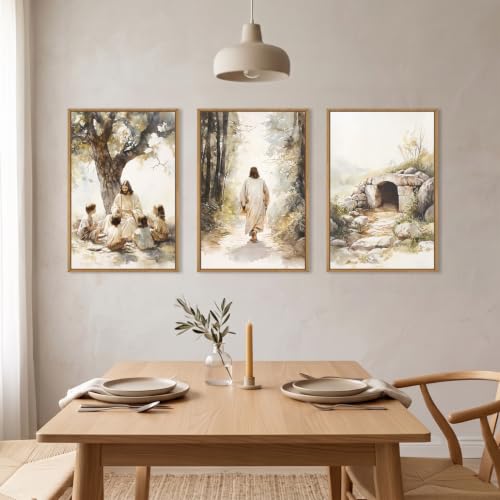 Large Jesus Teaching Children on Path Framed Canvas Wall Art (3 Count)