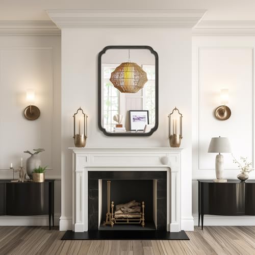 24" x 36" Rounded Corner Arch Wall Mirror with Wood Frame for Entryway
