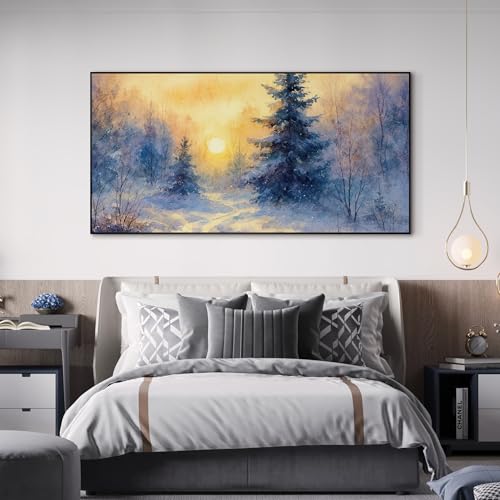24"x46" Extra Large Framed Wall Art Winter Sunrise in Snowy Pine Forest Watercolor Style for Home Living Room Bedroom Decor