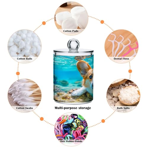 2 Pack Qtip Holder Organizer Dispenser Corgi Dog Underwater Bathroom Storage Canister Cotton Ball Holder Container for Cotton Pads (2 Count)