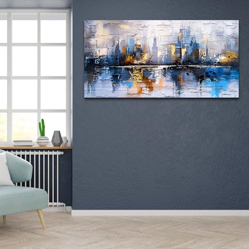 Abstract City Oil Painting Large Home Decor Mural Living Room Bedroom Modern Printed Canvas Wall Art Yellow Blue Graffiti Mural Office Corridor Can Be Directly Hung Wall Decor 24 X 48 In
