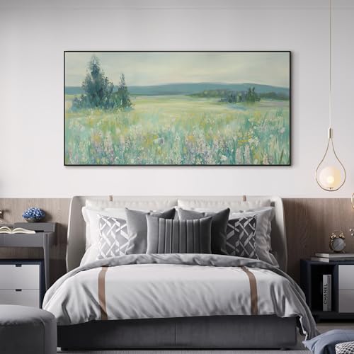 24"x46" Extra Large Framed Wall Art Wildflower Meadow Landscape Soft Pastel Nature Illustration for Home Living Room Bedroom Decor