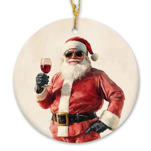 Santa Claus Wine Bar Christmas Ceramic Ornament