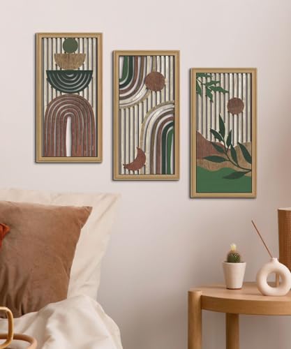 Boho Wall Art Set of 3 Modern Minimalist Wooden Wall Decor Abstract Earth Tone Room Decorations Mid Century Artwork for Living Room Bedroom Office in Earthwood Canyon 16.5 x 8.6 Inch (3 Count)