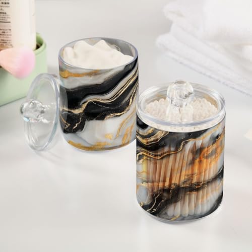 2 Pack Qtip Holder Organizer Dispenser Black Gold Grey Marble Texture Bathroom Storage Canister Cotton Ball Holder Container for Cotton Pads (2 Count)