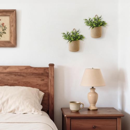 2Pcs Woven Hanging Wall Basket 5.5"W×6.2"H with Artificial Eucalyptus (2 Count)
