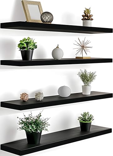 24 Inch Floating Shelves for Wall Rustic Black Wood Wall Shelves for Bedroom Set of 4 (4 Count)