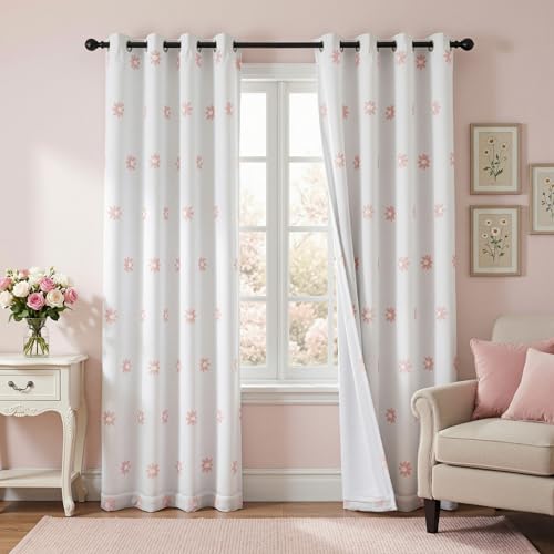 Pink Floral Blackout Curtains for Nursery Thermal Insulated Flower Sheer Curtain 72 Inch Long for Girls Bedroom Double Layered Window Drapes for Dining Room Grommet (2 Count)