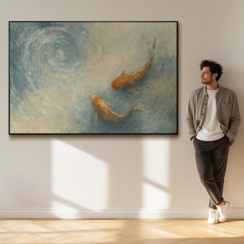 46"x72" Extra Large Framed Wall Art Koi Fish Swirl Tranquil Water Illustration for Home Living Room Bedroom Decor