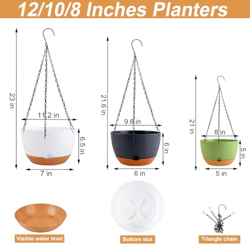 8/10/12 inch Hanging Planters for Indoor Outdoor Plants with Self-Watering Pots, 3 Pack Plastic Hanging Basket with Removable Tray for Home Garden Porch Balcony Patio Decor(White+Black+Green) (3 Count)
