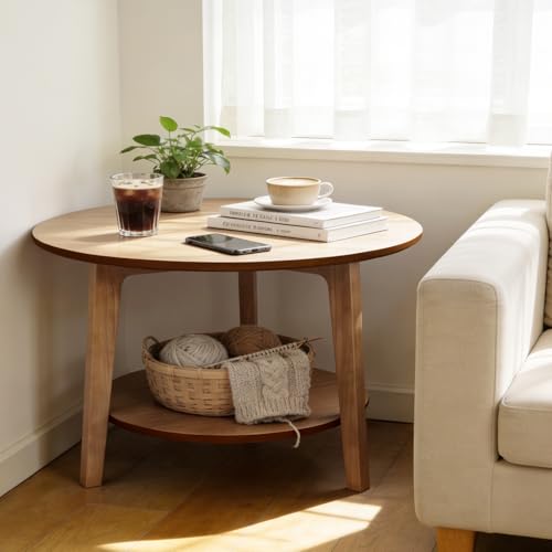 2 Tier Round Coffee Table Wood Nesting Side Table