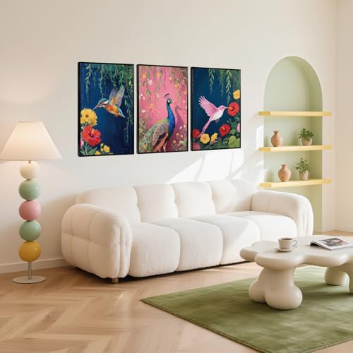 3 Pcs Birds Peacock Flowers Framed Canvas Wall Art 16x24 Inch