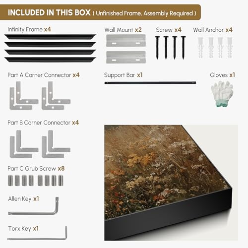 36"x72" Extra Large Framed Wall Art Autumn Meadow Landscape Rustic Brown and Golden Field with Wildflowers Country Illustration for Home Living Room Bedroom Decor