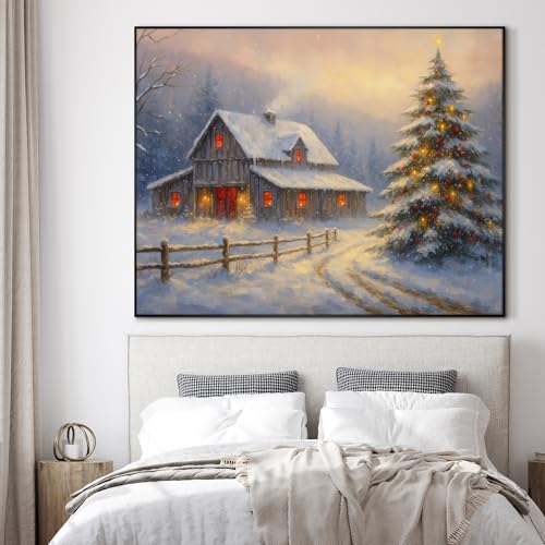 46"x60" Extra Large Framed Wall Art Rustic Winter Cabin with Christmas Tree and Snowy Landscape for Home Living Room Bedroom Decor