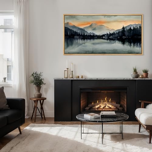 Extra Large Framed Canvas Print Wall Art Sunset Mountain Range and Lake Panoramic Antique Retro Fine Art Illustrations Decorative Colorful for Bedroom