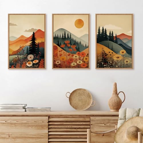 Large Boho Mountain Sunset Framed Canvas Wall Art Set