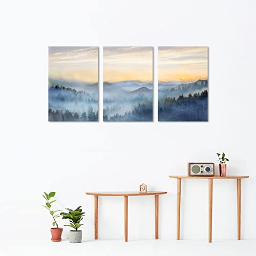 Wall Decor for Bedroom 3 Panel Sunrise Misty Forest Print Picture Paintings Wall Art for Living Room Bathroom Framed Canvas Artwork Modern Room Wall Decorations Size 16x24 x 3 Piece Ready to Hang (3 Count)