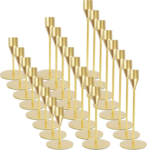 Matte Gold Candle Holders Bulk Painted Gold Metal Candlesticks Fit 0.8 Inch Taper Candles Decorative Metal Candelabra for Wedding Home Holiday Anniversary Party Dinning Table Decors (24 Count)