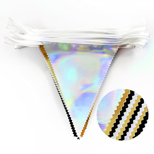 Black Gold Iridescent Party Decorations Triangle Pennant Banner Flag Metallic Fabric Bunting for Birthday Graduation Retirement Wedding Bridal Shower Engagement Bachelorette Disco Party Supplies (32 Foot)