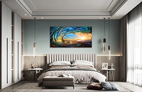 S06775 Giant Wave Water Wall Art Canvas Prints 1 Panels Ocean Waves Pictures Paintings with Sunset Blue Seascape Framed for Living Room Bedroom Kicthen Office Artwork