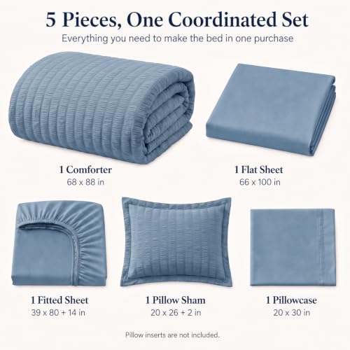 Twin XL Comforter Set 5 Pieces Grayish Blue Seersucker Bed in a Bag