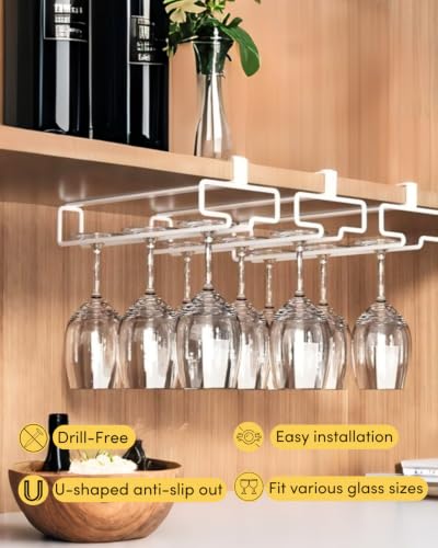 2 Pack Wine Glass Holder Stemware Rack Hanger Under Cabinet Wine Glass Rack Kitchen Hanging Storage Rack Organizer (2 Count)