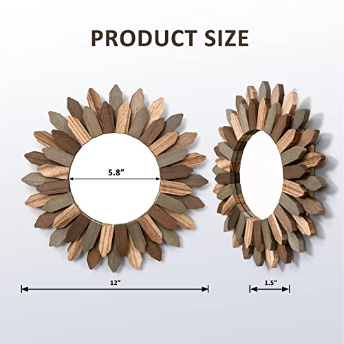 Boho Wall Decor Mirror 2 Pack 12 inch Rustic Wood Decorative Mirror for Room Decor Rustic Farmhouse Wall Decor for Bedroom Bathroom Living Room Entryway Tril Color (2 Count)