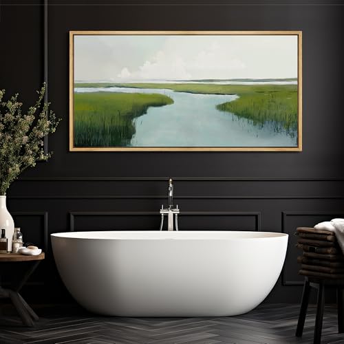 Extra Large Framed Canvas Print Wall Art Serene Marshland Landscape Green and Blue Peaceful Illustrations Antique Retro Fine Art Illustrations Decorative Colorful for Bedroom