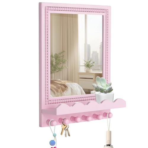 16x12 Inch Wall Mount Beaded Wood Framed Mirror with Shelf and 6 Hooks
