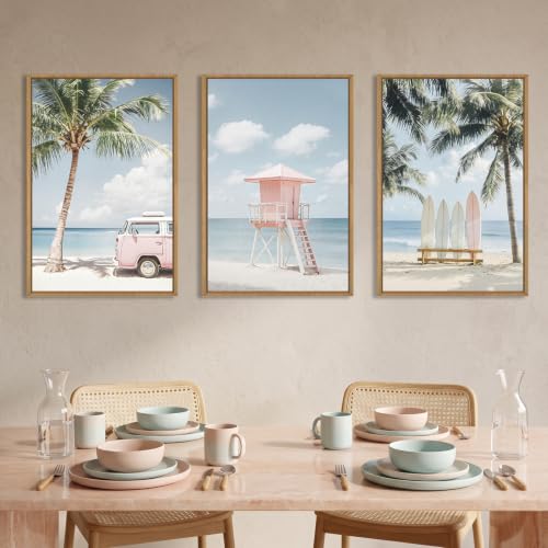 Beach Coastal Seascape Framed Canvas Wall Art Set