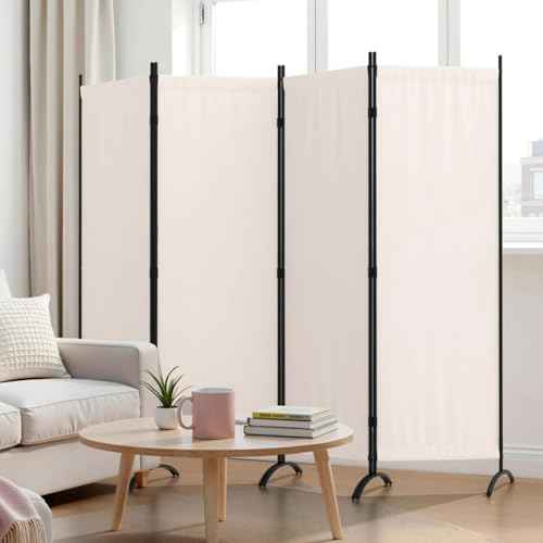 Room Divider 4 Panel Folding Screen Portable Wall with 5 Curved Metal Feet Partition Room Dividers