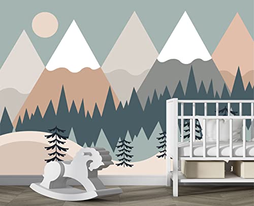 Children's Cartoon Mountain Peak Forest Sun Nursery wall Mural Wallpaper 178" x 117" (144.6 Sq Ft)
