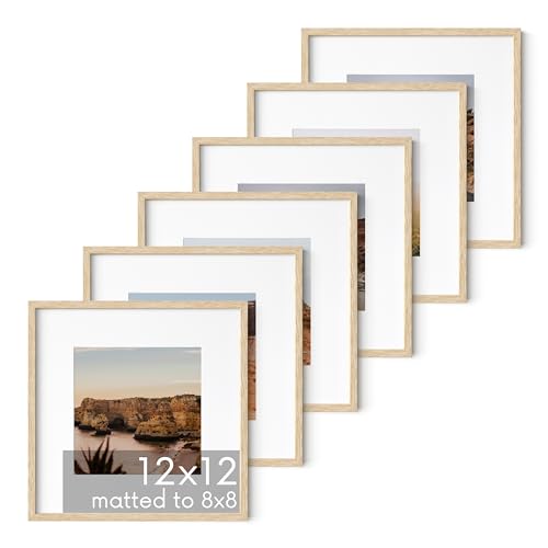 Solid Oak Wood 12”x12” Picture Frames Matted to 8”x8” Set of 6 (6 Count)