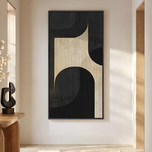Large Framed Black Beige Neutral Abstract Wall Art