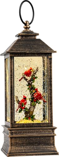 Christmas Snow Globe Lantern Water Glittering 10'' Cardinal with Music & Timer