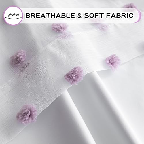 100% Blackout Curtains for Living Room 95 Inch Long Total Light Blocking Curtains for Sliding Door 2 Panels Grommet Room Darkening Girls Bedroom Drapes with Purple Pom Pom Sheer 50 x 95 in (2 Count)