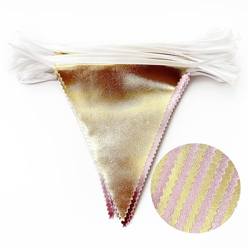 Pink Gold Party Decoration Metallic Fabric Light Pink Gold Triangle Pennant Banner Flag Bunting Garland for Women Girl Birthday Retirement Graduations Bridal Shower Wedding Baby Shower Party Supplies (36 Count)