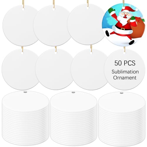50 PCS Ceramic Sublimation Ornament Blanks Bulk 3 Inch White Round Crafts DIY Personalized Printed Home Porcelain Paintable Christmas Decorations (50 Count)