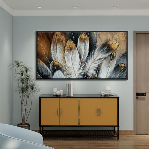 Framed Wall Art Modern Living Room Bedroom Wall Decoration Large Canvas Painting Artwork for Home Decor Gold Brown Feather Picture Ready to Hang 30x60 Size Black Framed